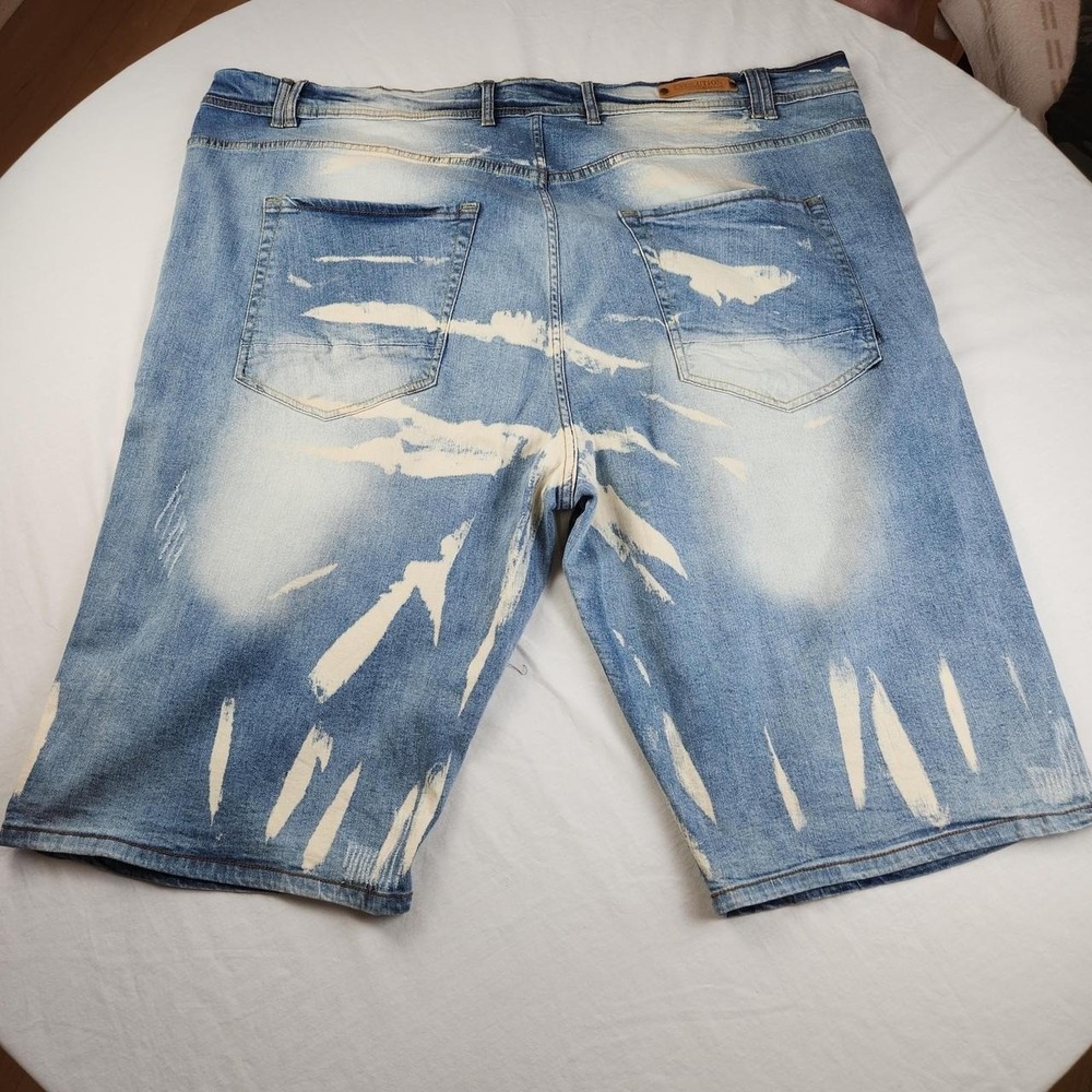 Evolution In Design Mens Blue Denim Shorts Jorts Bleach Splatter Size 50 Baggy